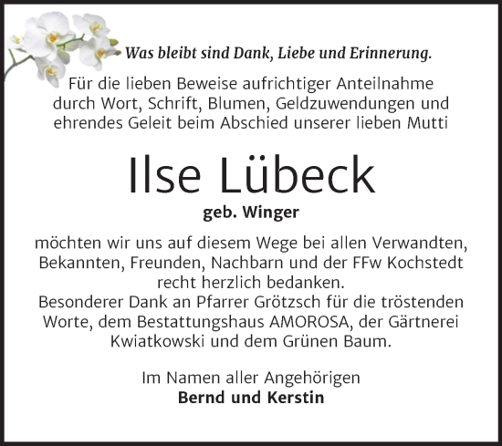 Traueranzeige von Ilse Lübeck von Trauerkombi Dessau