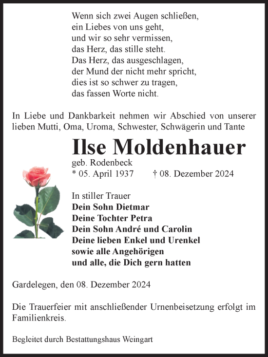 Traueranzeige von Ilse Moldenhauer von Volksstimme Altmark West