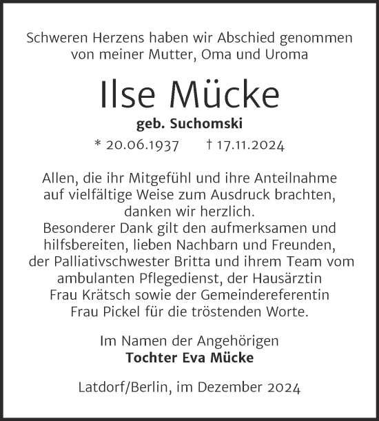 Traueranzeige von Ilse Mücke von Trauerkombi Bernburg