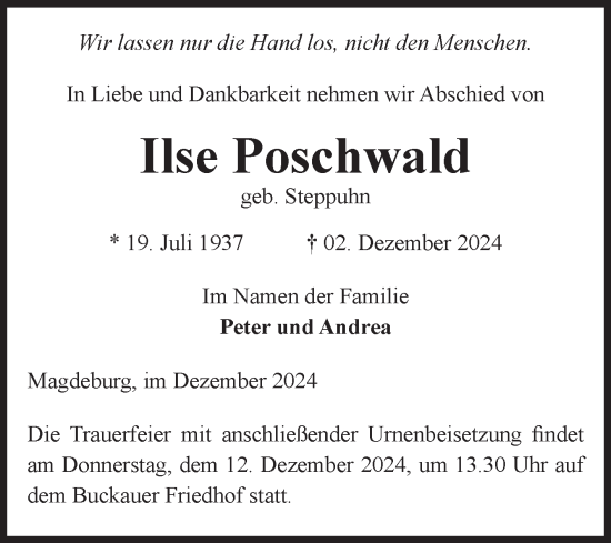 Traueranzeige von Ilse Poschwald von Volksstimme Magdeburg