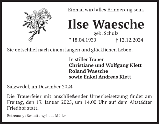 Traueranzeige von Ilse Waesche von Volksstimme Altmark West