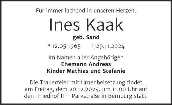 Traueranzeige von Ines Kaak von Trauerkombi Bernburg