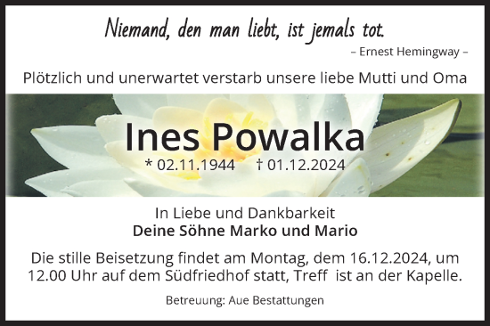 Traueranzeige von Ines Powalka von Volksstimme Magdeburg