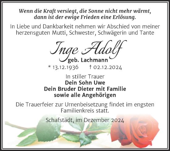 Traueranzeige von Inge Adolf von Trauerkombi Merseburg