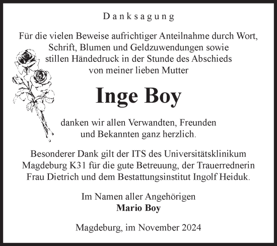 Traueranzeige von Inge Boy von Volksstimme Schönebeck