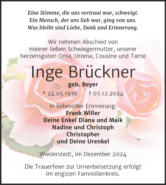 Traueranzeige von Inge Brückner von Trauerkombi Mansfelder Land