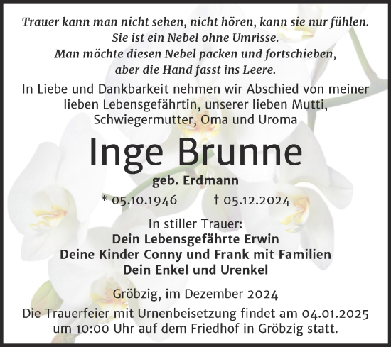 Traueranzeige von Inge Brunne von Trauerkombi Köthen