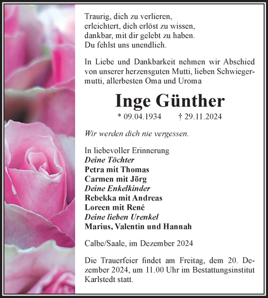 Traueranzeige von Inge Günther von Volksstimme Schönebeck