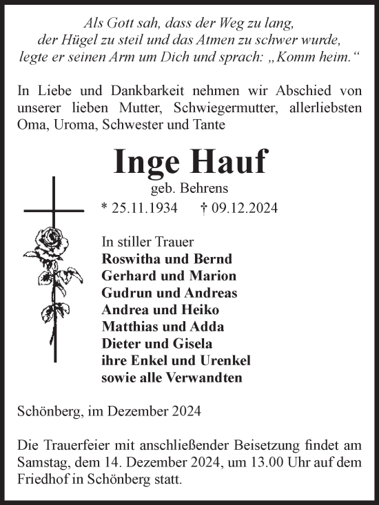 Traueranzeige von Inge Hauf von Volksstimme Altmark Ost