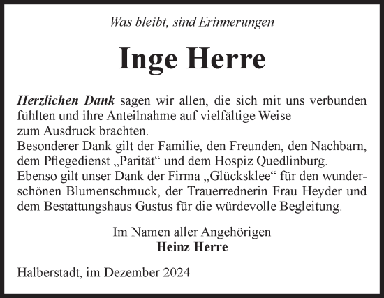 Traueranzeige von Inge Herre von Volksstimme Halberstadt