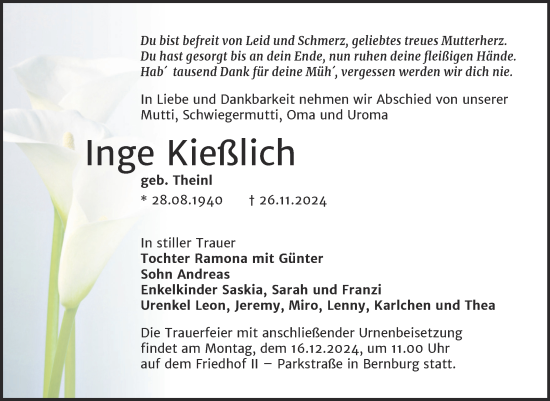 Traueranzeige von Inge Kießlich von Trauerkombi Bernburg