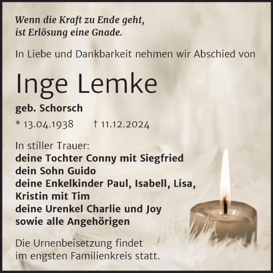 Traueranzeige von Inge Lemke von Trauerkombi Aschersleben