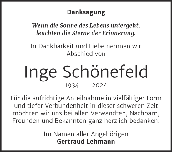 Traueranzeige von Inge Schönefeld von Trauerkombi Wittenberg