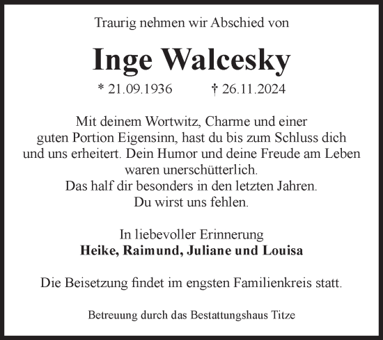 Traueranzeige von Inge Walcesky von Volksstimme Magdeburg