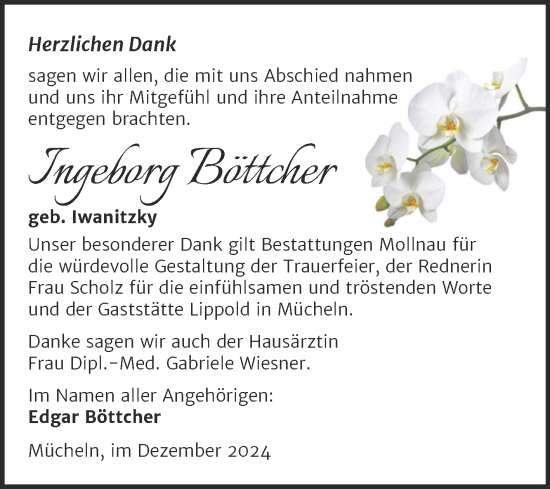 Traueranzeige von Ingeborg Böttcher von Trauerkombi Merseburg