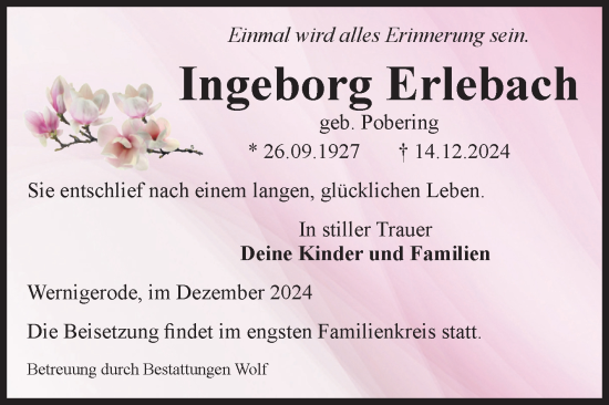 Traueranzeige von Ingeborg Erlebach von Volksstimme Wernigerode