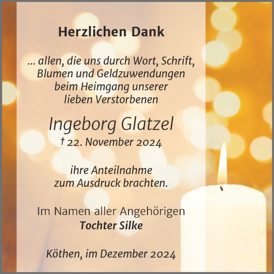 Traueranzeige von Ingeborg Glatzel von Trauerkombi Köthen