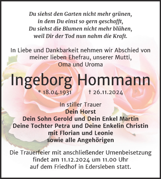 Traueranzeige von Ingeborg Hommann von Trauerkombi Sangerhausen