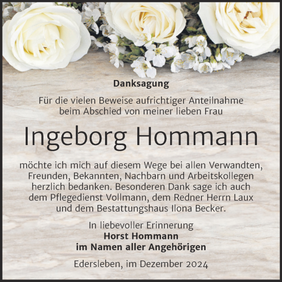 Traueranzeige von Ingeborg Hommann von Trauerkombi Sangerhausen