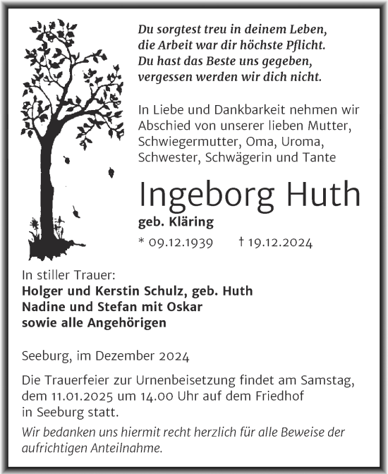 Traueranzeige von Ingeborg Huth von Trauerkombi Mansfelder Land