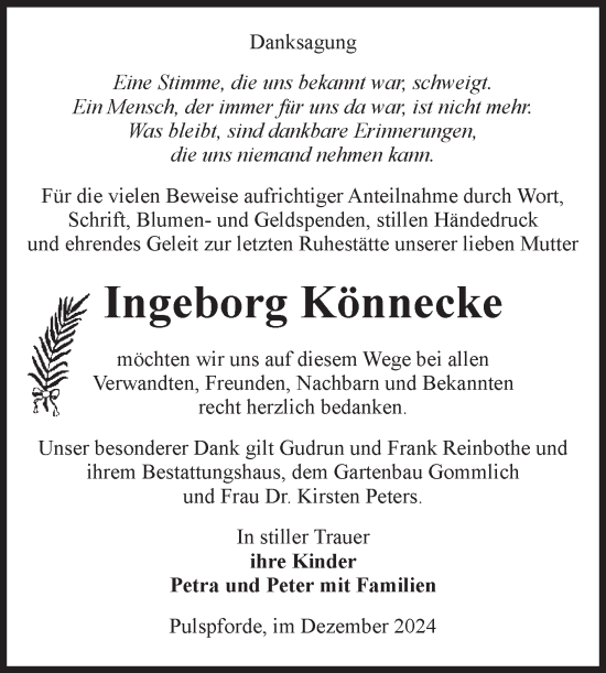 Traueranzeige von Ingeborg Könnecke von Volksstimme Zerbst