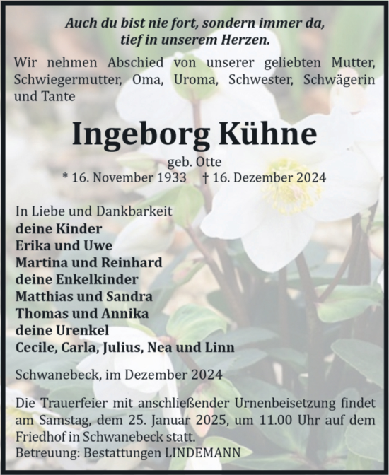 Traueranzeige von Ingeborg Kühne von Volksstimme Halberstadt