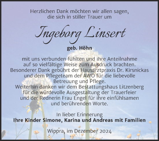 Traueranzeige von Ingeborg Linsert von Trauerkombi Mansfelder Land