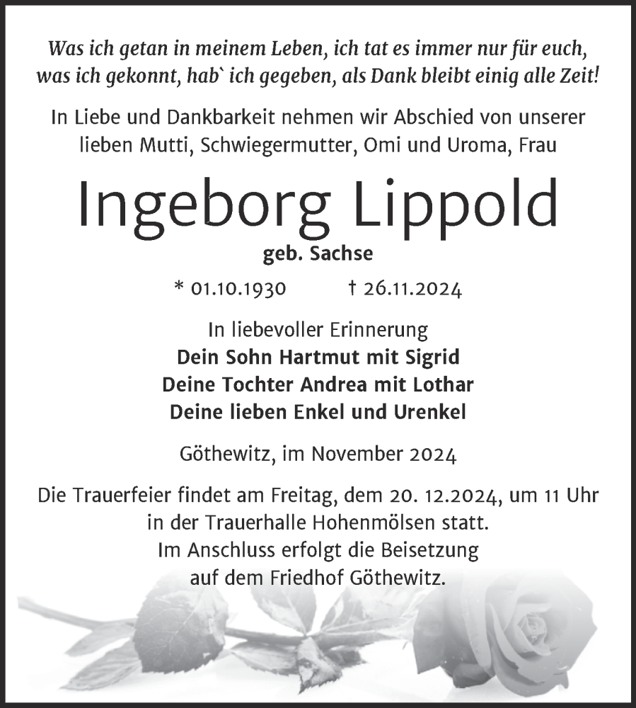  Traueranzeige für Ingeborg Lippold vom 07.12.2024 aus Trauerkombi Weißenfels