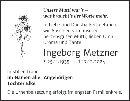Traueranzeige von Ingeborg Metzner von Trauerkombi Bernburg