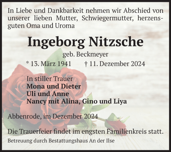 Traueranzeige von Ingeborg Nitzsche von Volksstimme Wernigerode