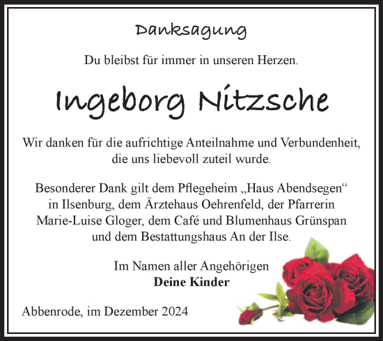 Traueranzeige von Ingeborg Nitzsche von Volksstimme Wernigerode
