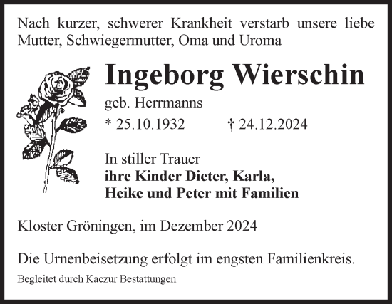Traueranzeige von Ingeborg Wierschin von Volksstimme Oschersleben/Wanzleben