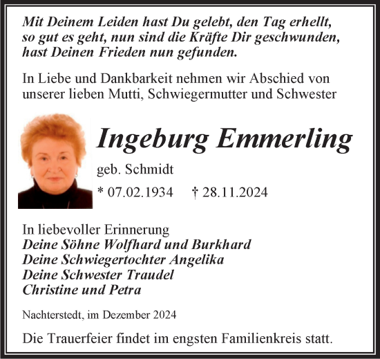 Traueranzeige von Ingeburg Emmerling von Trauerkombi Aschersleben
