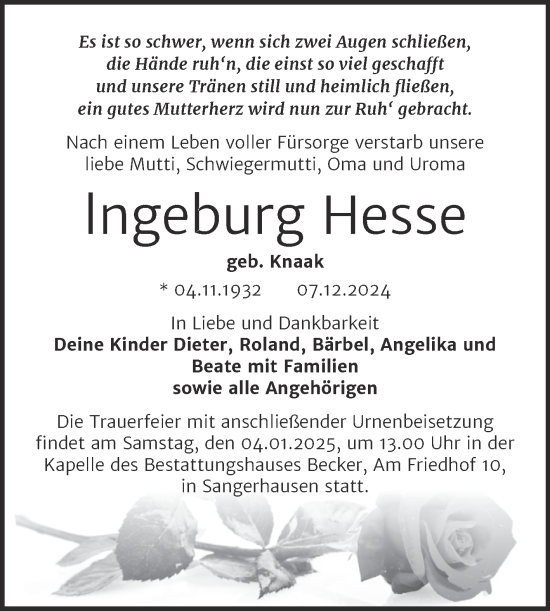 Traueranzeige von Ingeburg Hesse von Trauerkombi Sangerhausen
