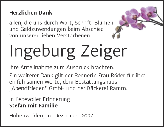 Traueranzeige von Ingeburg Zeiger von Trauerkombi Merseburg