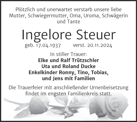 Traueranzeige von Ingelore Steuer von Mitteldeutsche Zeitung Halle/Saalkreis