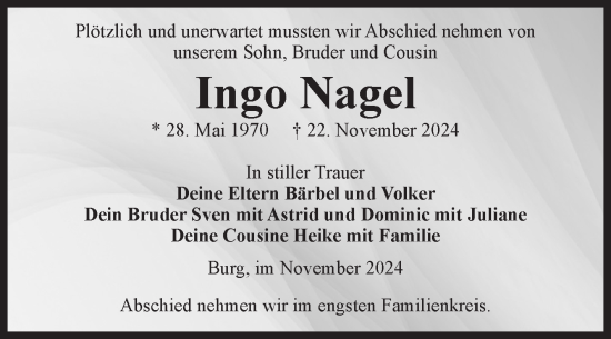 Traueranzeige von Ingo Nagel von Volksstimme Burg/Genthin