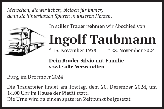 Traueranzeige von Ingolf Taubmann von Volksstimme Burg/Genthin