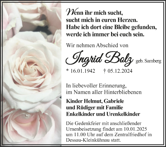 Traueranzeige von Ingrid Bolz von Trauerkombi Dessau