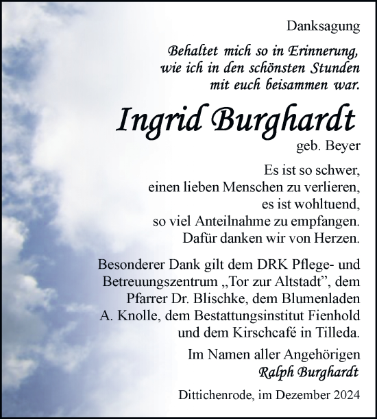 Traueranzeige von Ingrid Burghardt von Trauerkombi Sangerhausen