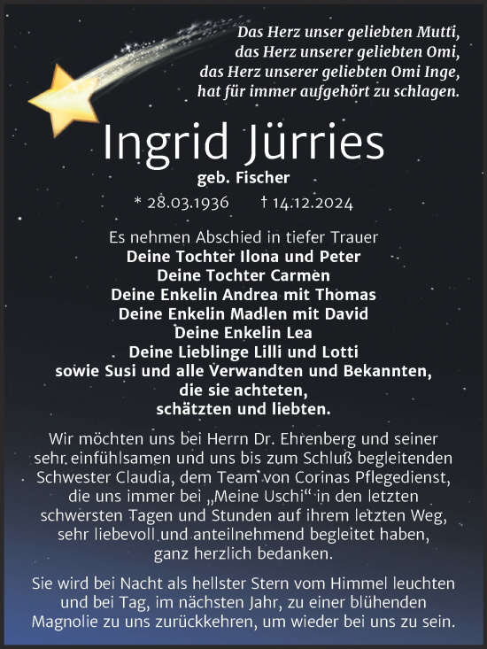 Traueranzeige von Ingrid Jürries von Trauerkombi Bitterfeld