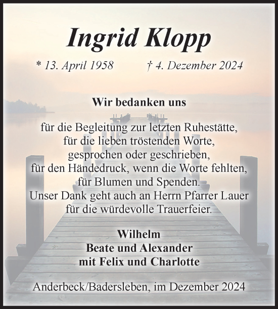 Traueranzeige von Ingrid Klopp von Volksstimme Halberstadt
