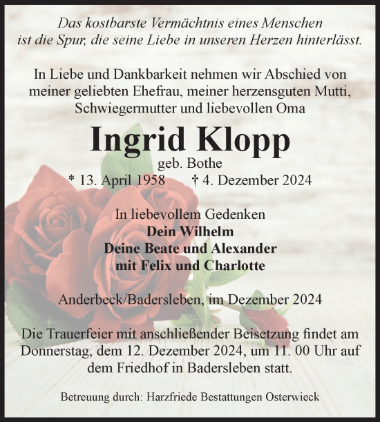 Traueranzeige von Ingrid Klopp von Volksstimme Halberstadt