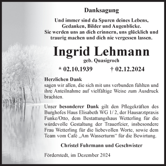 Traueranzeige von Ingrid Lehmann von Volksstimme Schönebeck