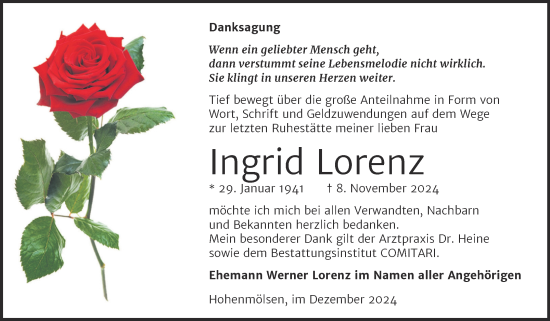 Traueranzeige von Ingrid Lorenz von Trauerkombi Weißenfels