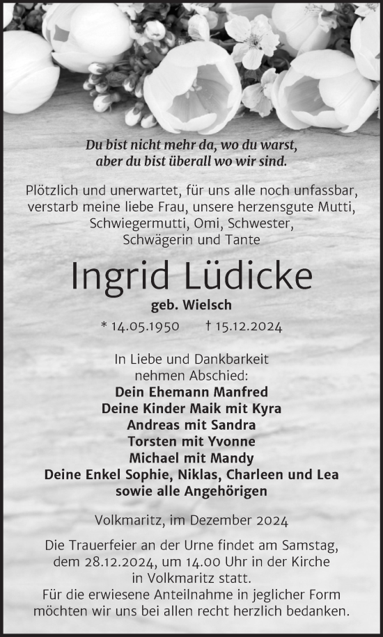 Traueranzeige von Ingrid Lüdicke von Trauerkombi Mansfelder Land