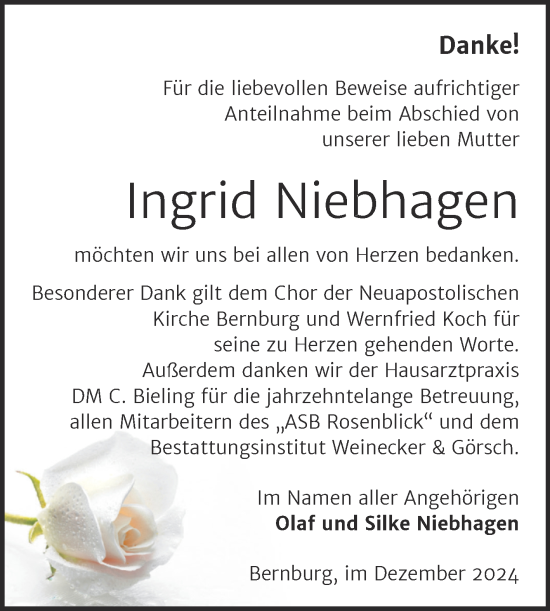Traueranzeige von Ingrid Niebhagen von Trauerkombi Bernburg