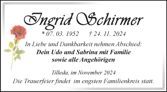 Traueranzeige von Ingrid Schirmer von Trauerkombi Sangerhausen