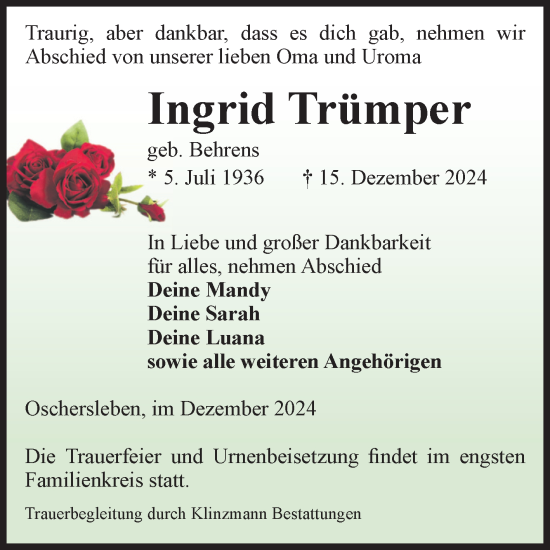Traueranzeige von Ingrid Trümper von Volksstimme Oschersleben/Wanzleben