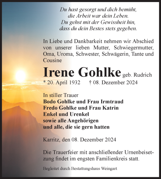 Traueranzeige von Irene Gohlke von Volksstimme Altmark Ost